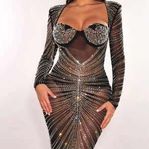 BLACK MESH RHINESTONE PADDED CUT OUT BACK LONG SLEEVE GOWN